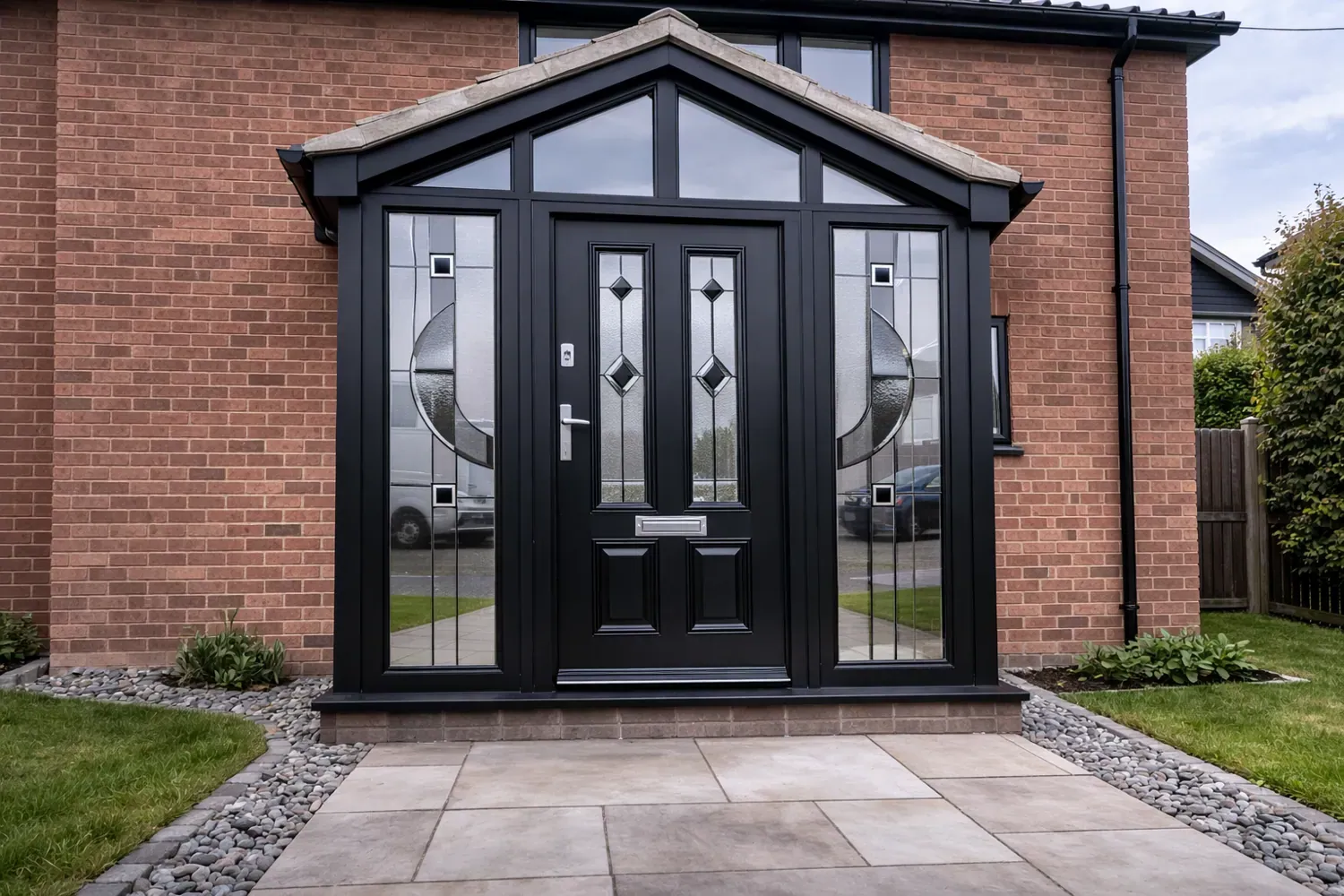 Black entrance doors with glazed sidelights and shaped glazing
