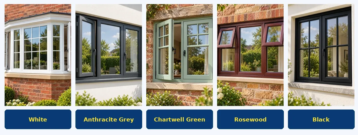 Five uPVC window colour and finish examples: white, anthracite grey, Chartwell green, rosewood and black